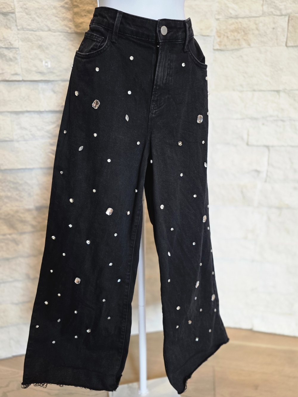 Gianni Bini Raw Hem Black Rhinestone Embellished Wide-Leg Jeans